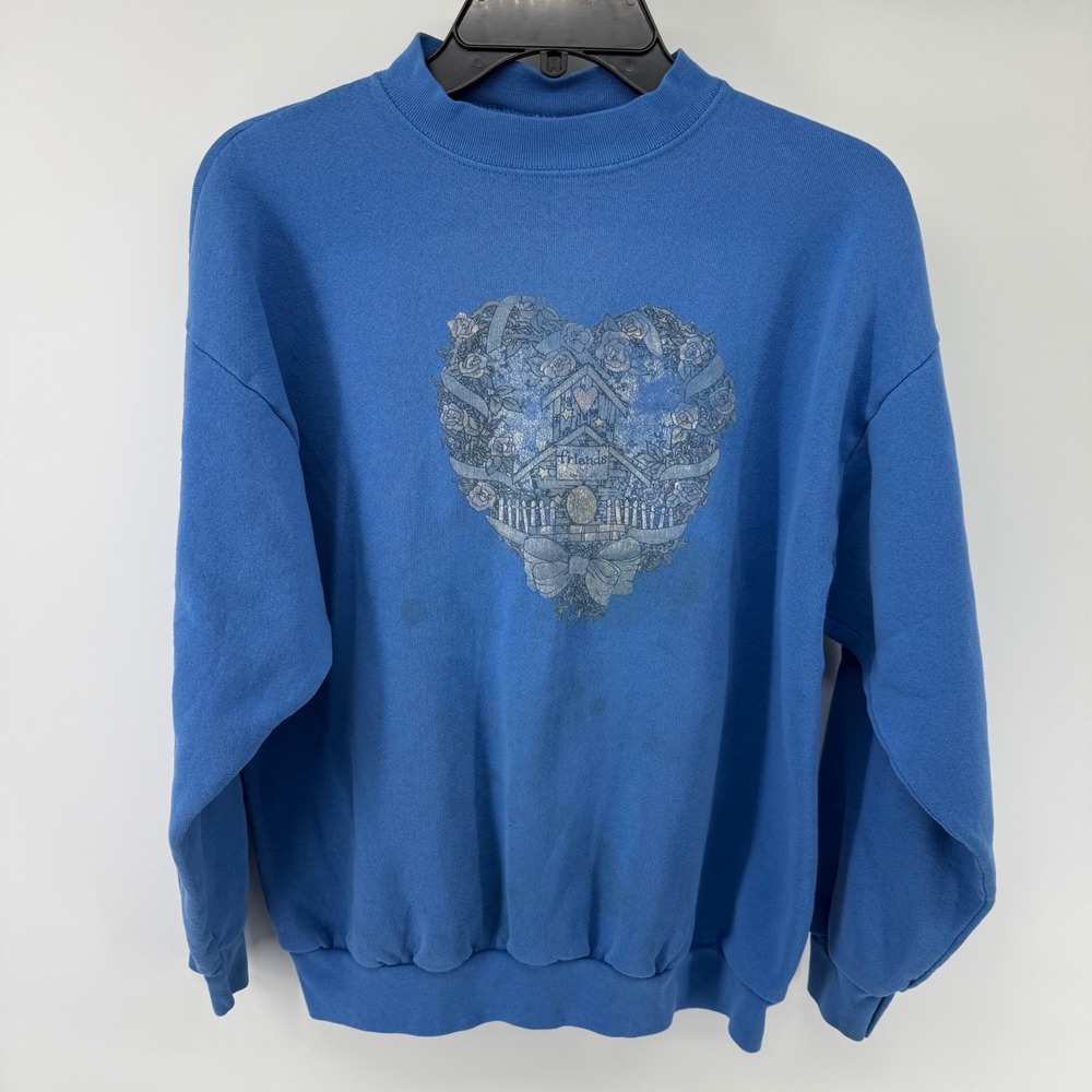 Vintage‎ Tultex Blue Heart Birdhouse Floral Sweatshirt Womens Large 90s Graphic